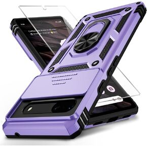 WEYCOLOR for Google Pixel 6A Case with Camera Lens Cover HD Screen Protector, 10 FT Military Grade Drop Protection, Magnetic Ring Holder Kickstand Protective Phone Case,Lavender