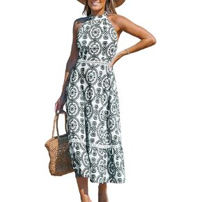 CUPSHE Women's Midi Dress Halter Paisley Sleeveless Cutout Waist Long Beach Boho Summer Dress