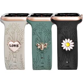 Floral Engraved Bands with Charms Compatible with Apple Watch Bands 38mm 40mm 41mm, Soft Sport Silicone Wristbands Women Flower Replacement Strap for iWatch Bands Series SE 8 7 6 5 4 3 2 1
