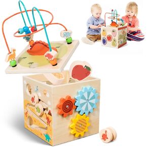 Montessori Baby Activity Cube for Toddlers: Large 5-in-1 Wooden Activity Center with Shape Sorter Bead Maze, Educational Abacus Learning Toy for Kids, Sorting & Stacking Board for Boys Girls