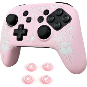 RALAN Laser Blood Handprint Design Controller Skin with 4 Thumb Grips for Switch Pro Controller, Anti-Slip Silicone Controller Cover Protector Case