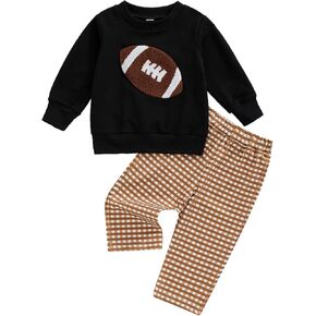 Baby Boy Football Outfit Embroidery Long Sleeve Sweatshirt Top Plaid Pants Set Football Birthday Fall Clothes