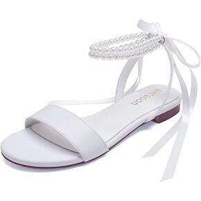 Wedding Shoes for Bride Flat Sandals Open Toe Pearl Bridal Shoes Flat Wedding Sandals