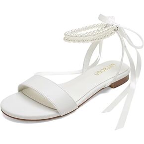 Wedding Shoes for Bride Flat Sandals Open Toe Pearl Bridal Shoes Flat Wedding Sandals