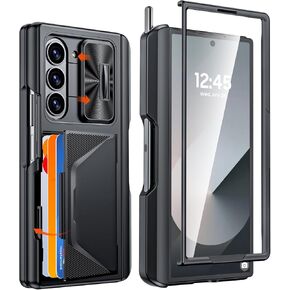 CENMASO for Samsung Galaxy Z Fold 6 Case with S Pen Holder & Wallet Card Holder & Slide Camera Cover & Hinge Protection & Screen Protector [RFID Blocking] Shockproof Protection Case for Z Fold 6-Blue