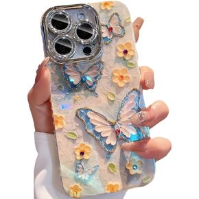 Compatible for iPhone 15/iPhone 14/iPhone 13 Case Beautiful Butterfly Oil Painting Pattern Women Teen Girls Glitter Pretty Phone Cases Protective Cover (iPhone 15 pro max)
