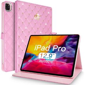 for iPad Pro 12.9 Inch Case 6th/5th/4th/3rd Generation (2022/2021/2020/2018),Crown Diamond Bling Cute PU Leather Smart Auto Sleep/Wake Stand Shockproof Protective Case for iPad 12.9 Inch,Pink