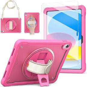 BRAECNstock New iPad 10th Generation Case 2022 Release 10.9 Inch A2696 A2757 A2777-Shockproof Cover with Screen Protector/Pencil Holder/Rotating Handle Grip/360°Kickstand/Shoulder Strap for Girls-Rose