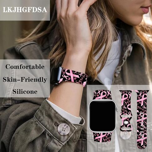 Pink Ribbon Watch Band Compatible with Apple Watch, Iwatch Bands Wristbands Soft Silicone Strap Adjustable Replacement for Series 8/7/6/5/4/3/2/1/SE for Women Girls in Saudi Arabia