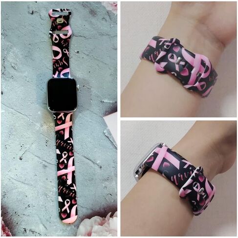 Pink Ribbon Watch Band Compatible with Apple Watch, Iwatch Bands Wristbands Soft Silicone Strap Adjustable Replacement for Series 8/7/6/5/4/3/2/1/SE for Women Girls in Saudi Arabia