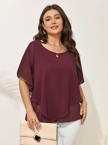 بلوزات نسائية بمقاسات كبيرة صيفية غير رسمية فضفاضة بأكمام قصيرة من الشيفون ملابس علوية أنيقة وقميص بلوزة in Kuwait