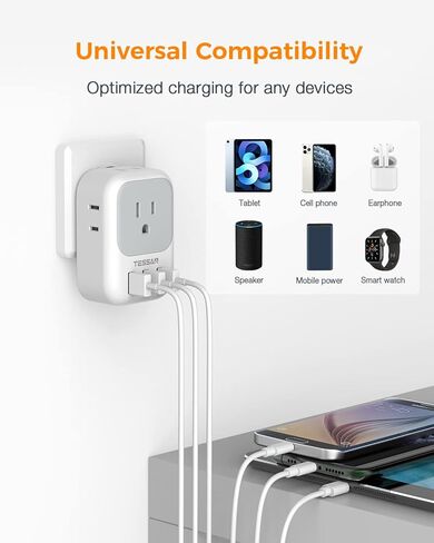USB Wall Charger, TESSAN Outlet Splitter with 4 AC Outlets Extender and 3 USB (2 USB C Blocks), Multi Plug Expander Charging Station for Cruise, Home, Office, Dorm Room Essentials in Kuwait