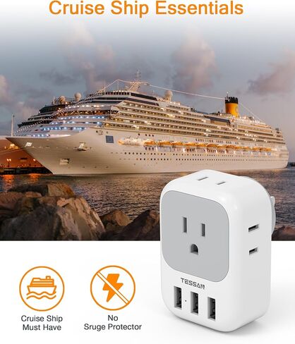 USB Wall Charger, TESSAN Outlet Splitter with 4 AC Outlets Extender and 3 USB (2 USB C Blocks), Multi Plug Expander Charging Station for Cruise, Home, Office, Dorm Room Essentials in Kuwait