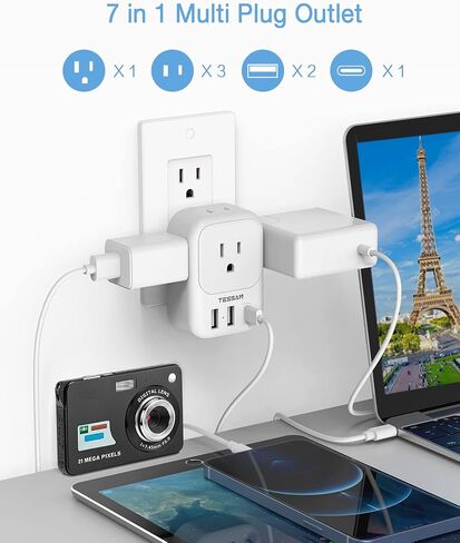 USB Wall Charger, TESSAN Outlet Splitter with 4 AC Outlets Extender and 3 USB (2 USB C Blocks), Multi Plug Expander Charging Station for Cruise, Home, Office, Dorm Room Essentials in Saudi Arabia