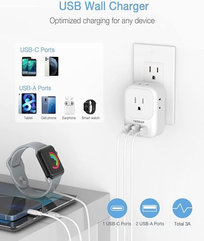 USB Wall Charger, TESSAN Outlet Splitter with 4 AC Outlets Extender and 3 USB (2 USB C Blocks), Multi Plug Expander Charging Station for Cruise, Home, Office, Dorm Room Essentials in Saudi Arabia
