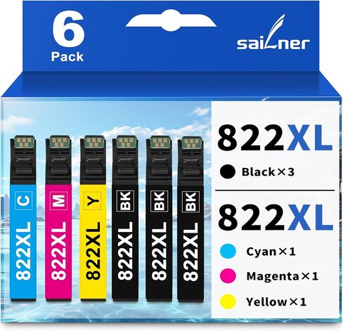 خراطيش حبر SAILNER 822 استبدال خرطوشة الحبر المعاد تصنيعها لحزمة التحرير والسرد لخراطيش الحبر Epson 822XL لحبر الطابعة Epson Workforce Pro WF-3820 WF-4833 WF-4820 WF-4834 WF-4830 822XL (6 عبوات) in Kuwait