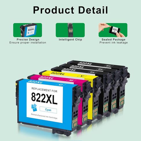 خراطيش حبر SAILNER 822 استبدال خرطوشة الحبر المعاد تصنيعها لحزمة التحرير والسرد لخراطيش الحبر Epson 822XL لحبر الطابعة Epson Workforce Pro WF-3820 WF-4833 WF-4820 WF-4834 WF-4830 822XL (6 عبوات) in Kuwait