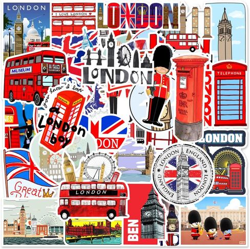 50Pcs London Stickers British Style Waterproof Vinyl Decals Luggage Skateboard Water Bottle Decal for Bicycle Snowboard Laptop Guitar Phone Decorative Gifts in Saudi Arabia