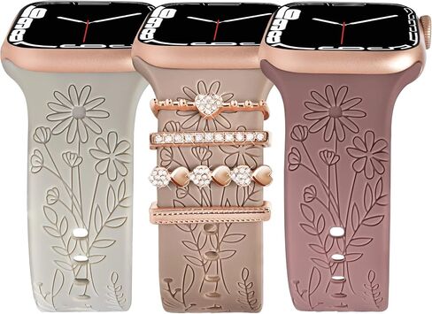 Floral Engraved Bands with Charms Compatible with Apple Watch Bands 38mm 40mm 41mm, Soft Sport Silicone Wristbands Women Flower Replacement Strap for iWatch Bands Series SE 8 7 6 5 4 3 2 1 in Saudi Arabia