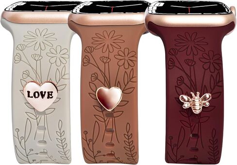 Floral Engraved Bands with Charms Compatible with Apple Watch Bands 38mm 40mm 41mm, Soft Sport Silicone Wristbands Women Flower Replacement Strap for iWatch Bands Series SE 8 7 6 5 4 3 2 1 in Saudi Arabia