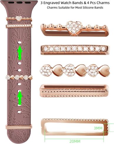 Floral Engraved Bands with Charms Compatible with Apple Watch Bands 38mm 40mm 41mm, Soft Sport Silicone Wristbands Women Flower Replacement Strap for iWatch Bands Series SE 8 7 6 5 4 3 2 1 in Saudi Arabia