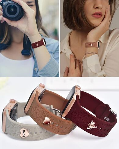 Floral Engraved Bands with Charms Compatible with Apple Watch Bands 38mm 40mm 41mm, Soft Sport Silicone Wristbands Women Flower Replacement Strap for iWatch Bands Series SE 8 7 6 5 4 3 2 1 in Saudi Arabia