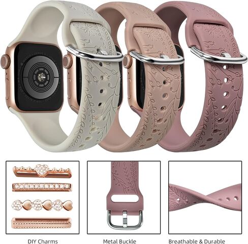 Floral Engraved Bands with Charms Compatible with Apple Watch Bands 38mm 40mm 41mm, Soft Sport Silicone Wristbands Women Flower Replacement Strap for iWatch Bands Series SE 8 7 6 5 4 3 2 1 in Saudi Arabia
