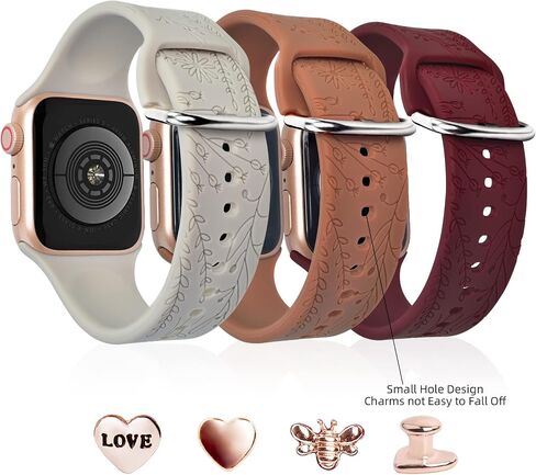 Floral Engraved Bands with Charms Compatible with Apple Watch Bands 38mm 40mm 41mm, Soft Sport Silicone Wristbands Women Flower Replacement Strap for iWatch Bands Series SE 8 7 6 5 4 3 2 1 in Saudi Arabia