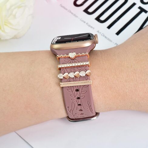 Floral Engraved Bands with Charms Compatible with Apple Watch Bands 38mm 40mm 41mm, Soft Sport Silicone Wristbands Women Flower Replacement Strap for iWatch Bands Series SE 8 7 6 5 4 3 2 1 in Saudi Arabia