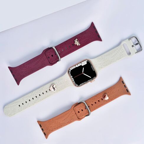 Floral Engraved Bands with Charms Compatible with Apple Watch Bands 38mm 40mm 41mm, Soft Sport Silicone Wristbands Women Flower Replacement Strap for iWatch Bands Series SE 8 7 6 5 4 3 2 1 in Saudi Arabia