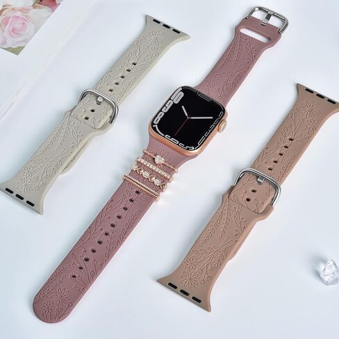 Floral Engraved Bands with Charms Compatible with Apple Watch Bands 38mm 40mm 41mm, Soft Sport Silicone Wristbands Women Flower Replacement Strap for iWatch Bands Series SE 8 7 6 5 4 3 2 1 in Saudi Arabia