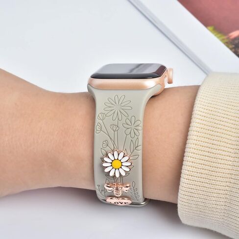 Floral Engraved Bands with Charms Compatible with Apple Watch Bands 38mm 40mm 41mm, Soft Sport Silicone Wristbands Women Flower Replacement Strap for iWatch Bands Series SE 8 7 6 5 4 3 2 1 in Saudi Arabia