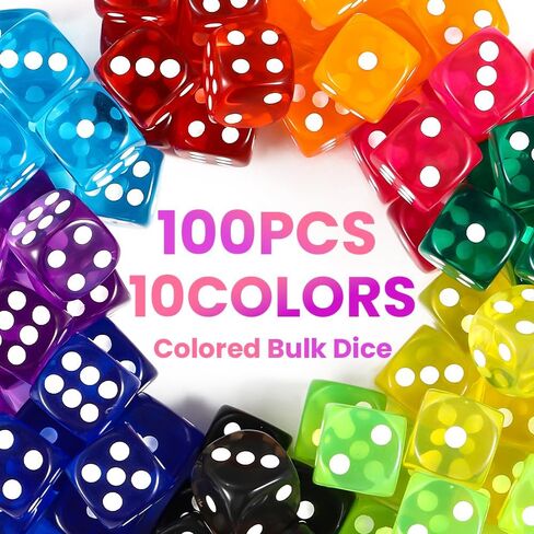 DIYDEC 100pcs 16mm Game Bulk Dice 10 Colors Acrylic 6 Sided Dice Set for Classroom Teaching Math Learning Standard Dice for Party Family Board Games in Kuwait