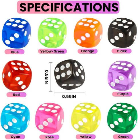 DIYDEC 100pcs 16mm Game Bulk Dice 10 Colors Acrylic 6 Sided Dice Set for Classroom Teaching Math Learning Standard Dice for Party Family Board Games in Kuwait