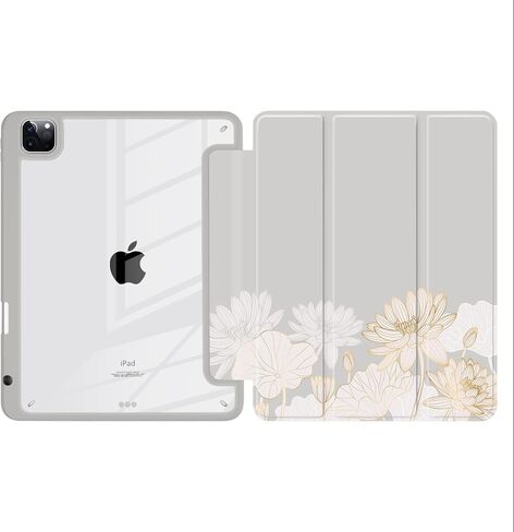 حافظة Batianda Hybrid لجهاز iPad Air 13 بوصة 2024 iPad Pro 12.9 بوصة 2022 M2 2021 5th / iPad Pro 12.9 بوصة الجيل الرابع/الثالث [حامل قلم رصاص مدمج] غطاء مقاوم للصدمات مع غطاء خلفي شفاف ممتص للصدمات من مادة TPU، ذهبي لوتس in Kuwait