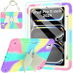 for iPad Pro 11 Inch Case 2024 (M4,5th Gen) with Tempered Glass Screen Protector,Unicorn Stand,Pencil Holder Shoulder Strap,Shockproof Protective for iPad 5th Generation Case Kids (Colourful)