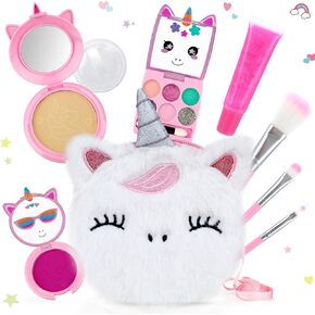 PERRYHOME Cute Kids Makeup Unicorn Washable Makeup Sets for Girls 3-12 with Mini Coin Purse - Real Cosmetic Non-Toxic Toddler Makeup Kit-Unicorn Toys for Girl - Birthday Unicorn Gift（White）