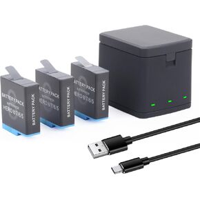 Hero 8/7/6/5 3 Packs Battery for Gopro Hero 2018, Hero 8, Hero 7, Hero 6, Hero 5 Black with USB and Type-C Charging Port Battery and 3-Channel Charger Bundle LED Light 3.85V 1500mah
