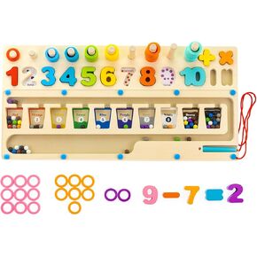 Puzzle Toddlers Wooden Three in one Maze Logarithm Board with Math Shape Blocks、 Magnetic Pen and Ball for Children's Color Cognition and Preschool Math Counting (Wood-Color)