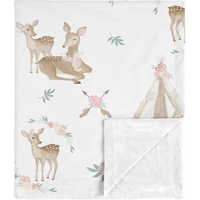 Sweet Jojo Designs Boho Watercolor Woodland Deer Floral Baby Girl Receiving Security Swaddle Blanket for Newborn or Toddler Nursery Car Seat Stroller Soft Minky - Blush Pink, Mint Green and White