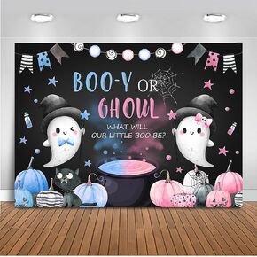 Mocsicka Halloween بين الجنسين تكشف عن خلفية Boo-y أو Ghoul Baby تكشف عن ديكورات الحفلات، ما الذي سيكون Baby Boo خلفية فوتوغرافية باللون الوردي أو الأزرق لحفلات استقبال المولود الجديد (7 × 5 أقدام)