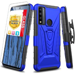 TJS for TCL 30V 5G Case, TCL 30 V 5G Case, with Tempered Glass Screen Protector, Belt Clip Holster Hybrid Kickstand Heavy Duty Drop Protector Phone Case Cover (Red)
