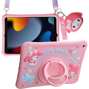 for iPad 9th Generation Case 8th 7th Gen with Kickstand Lanyard Silicone iPad 10.2 Case for Girls Kids Cute Protective Tablet Cover for iPad 2021 2020 2019 10.2 inch (Pink)