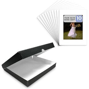 Golden State Art, 11x14 Clameshell Storage Box Black with 10 Pack 11x14 Black Picture Mats, Archival Photos Box Kit for Pictures, Prints, Art Works