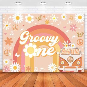 Avezano Groovy One Happy Birthday Backdrop Daisy Floral Girls 1st Birthday Party Decorations for Newborn Boho Rainbow Bus First Birthday Photography Background Cake Table Banner (7x5ft)
