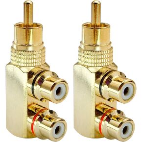 1RCA Y Splitter Adapter,Gold-Plated 90 Degree Right Angle 1RCA Male to 2RCA Female Jack Audio Video Y Splitter AV TV Adapters Metal Connector (2 Pack)