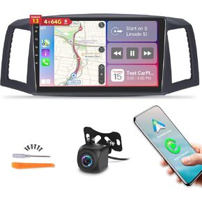 8 Core [4G+64G] Car Radio for Jeep Grand Cherokee 2004 2005 2006 2007 - Android 13 Touch Screen Stereo, DSP 32 EQ/IPS/Carplay/Android Auto/SWC/BT/WiFi + AHD Backup Camera