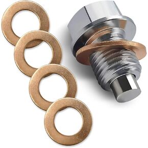1 Pack M14x1.5 Oil Drain Plug, Stainless Steel Sump Drain Nut Bolt, with 5 Copper Crush Washer Anti Leakage, for Most Cars Ford Motorcycle Boat Leak-proof Replacement (Silver)