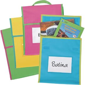 Really Good Stuff Store More Medium Book Pouches – Send Home Books and Homework in Durable Fabric Book Bag – Stitched-On Handle, Clear Name Tag Pocket, Neon Colors, 10"x1"x12" (Set of 4)