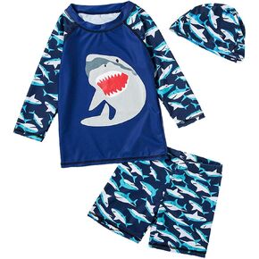 Baby Toddler Boys Two Pieces Swimsuit Set Long Sleeve Shark Bathing Suit Rash Guards Swimwear with Hat UPF 50+